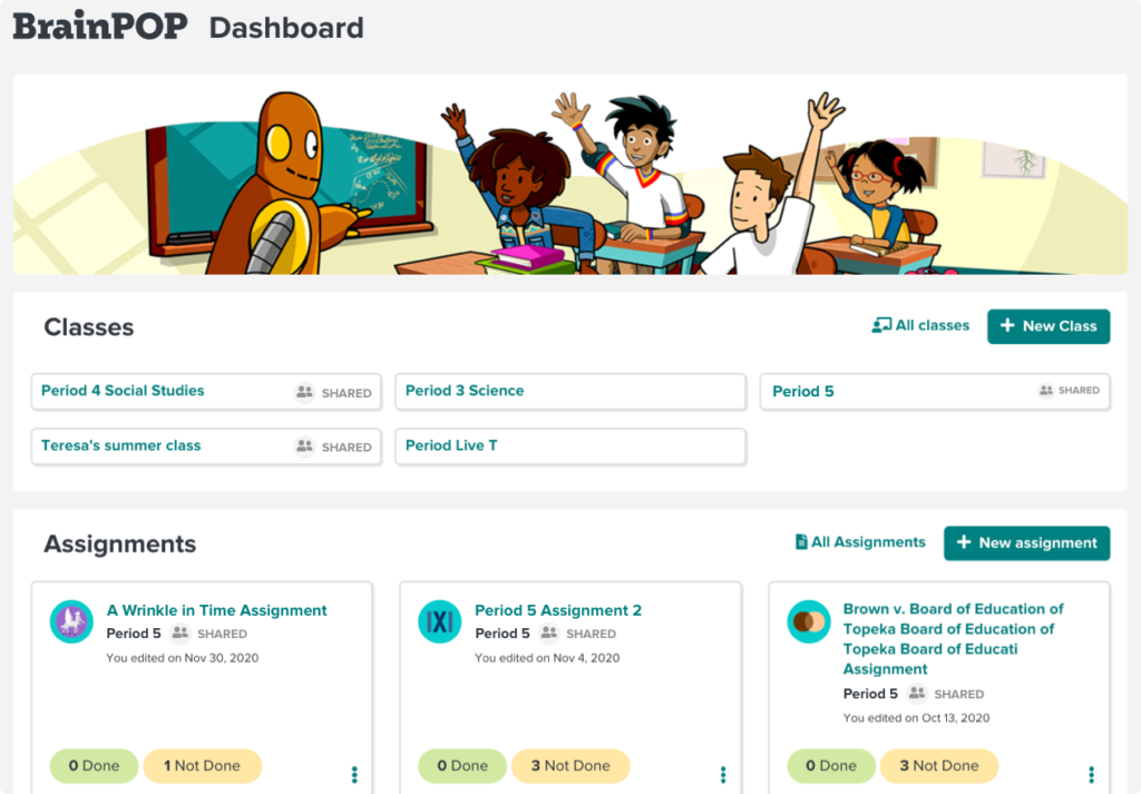 Screenshot of the teacher dashboard. Some of the Classes have an icon that shows they are shared.