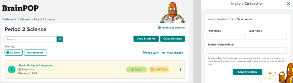Screenshots show a class called Period 2 Science with a link to invite a co-teacher. Clicking the link will open up a simple form to fill in the contact information for adding another teacher to the class.